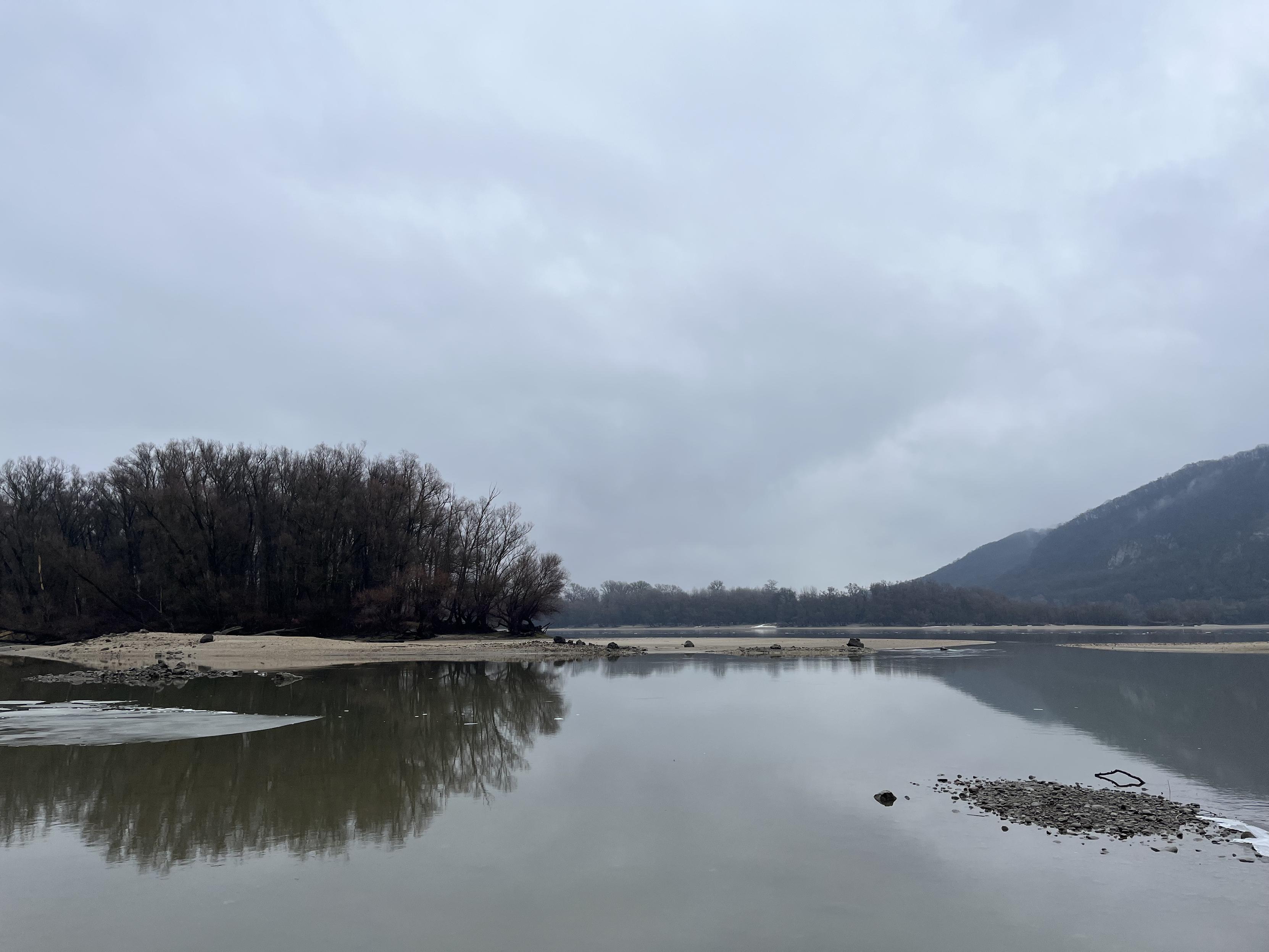 The Danube near Nagymaros, Hungary. Quiet shallow water in the foreground, a small and wild island in the background. Hills on the other side.