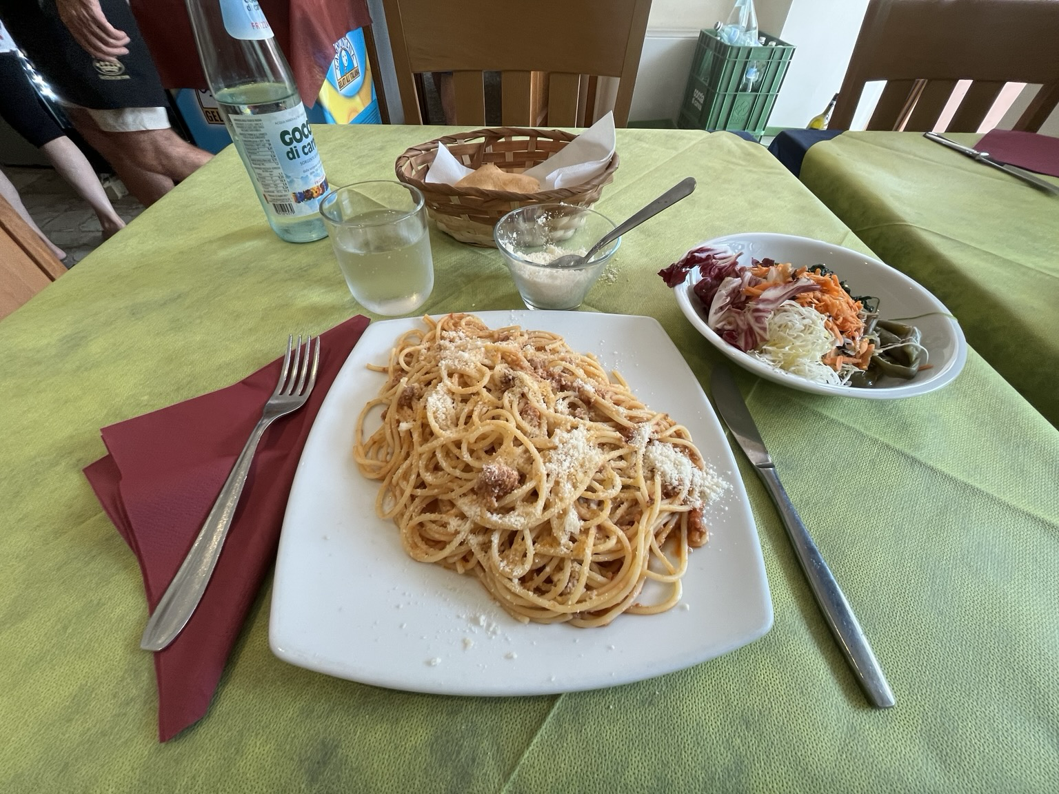 Spaghetti bolognese at a restaurant