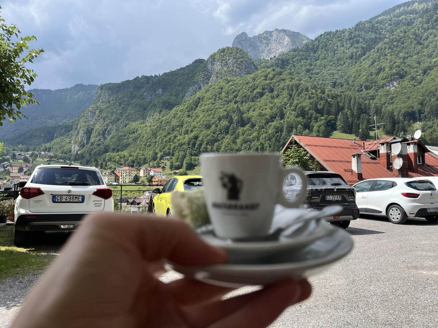 Espresso and mountains in the background